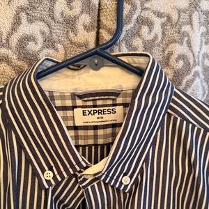 Express Men's Navy and White Striped Button-Down Shirt